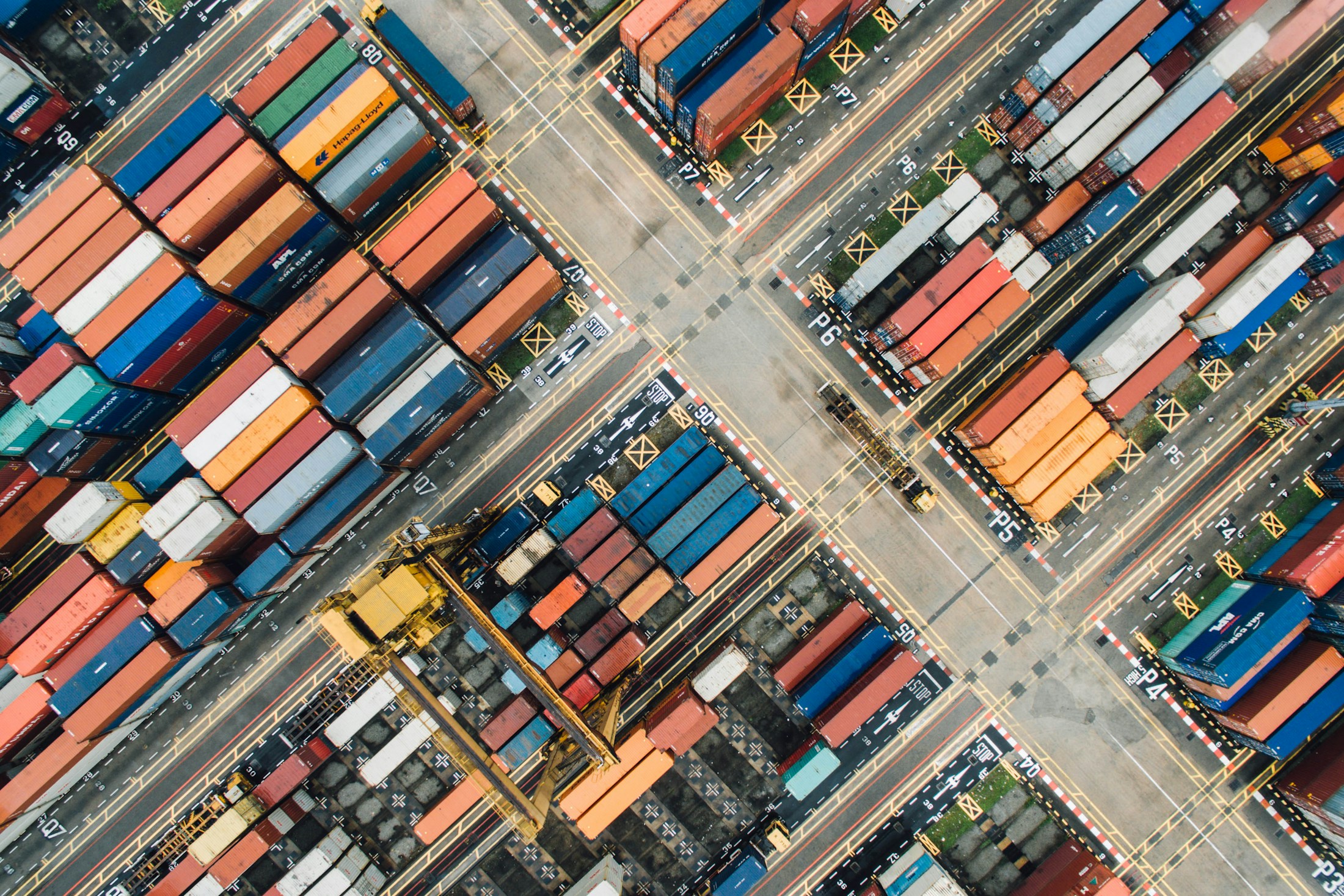 Aerial view of containers at an international shipping port